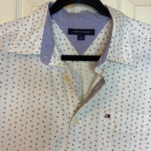 Tommy Hilfiger Button Down Shirt Star Print Short Sleeve L/G White 100% Cotton